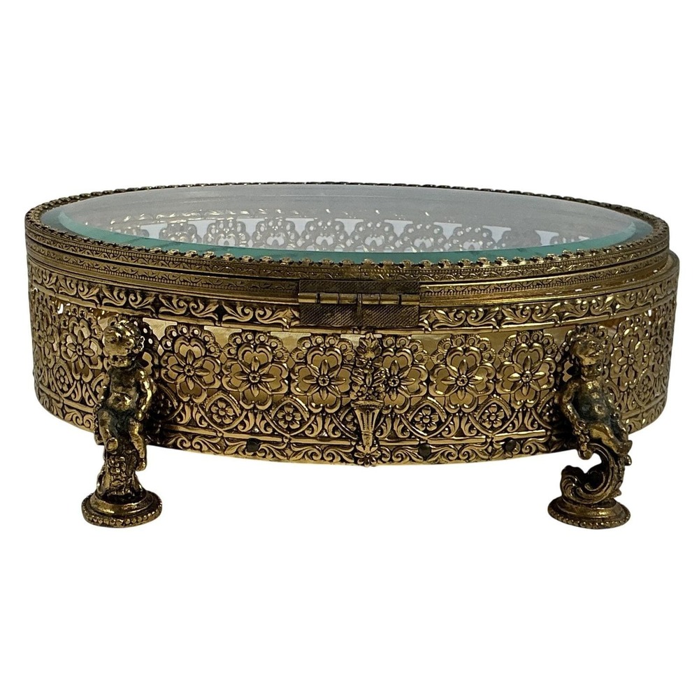 Vintage Hollywood Regency Gold Ormolu Cherub Footed Glass Jewelry Box Oval Case